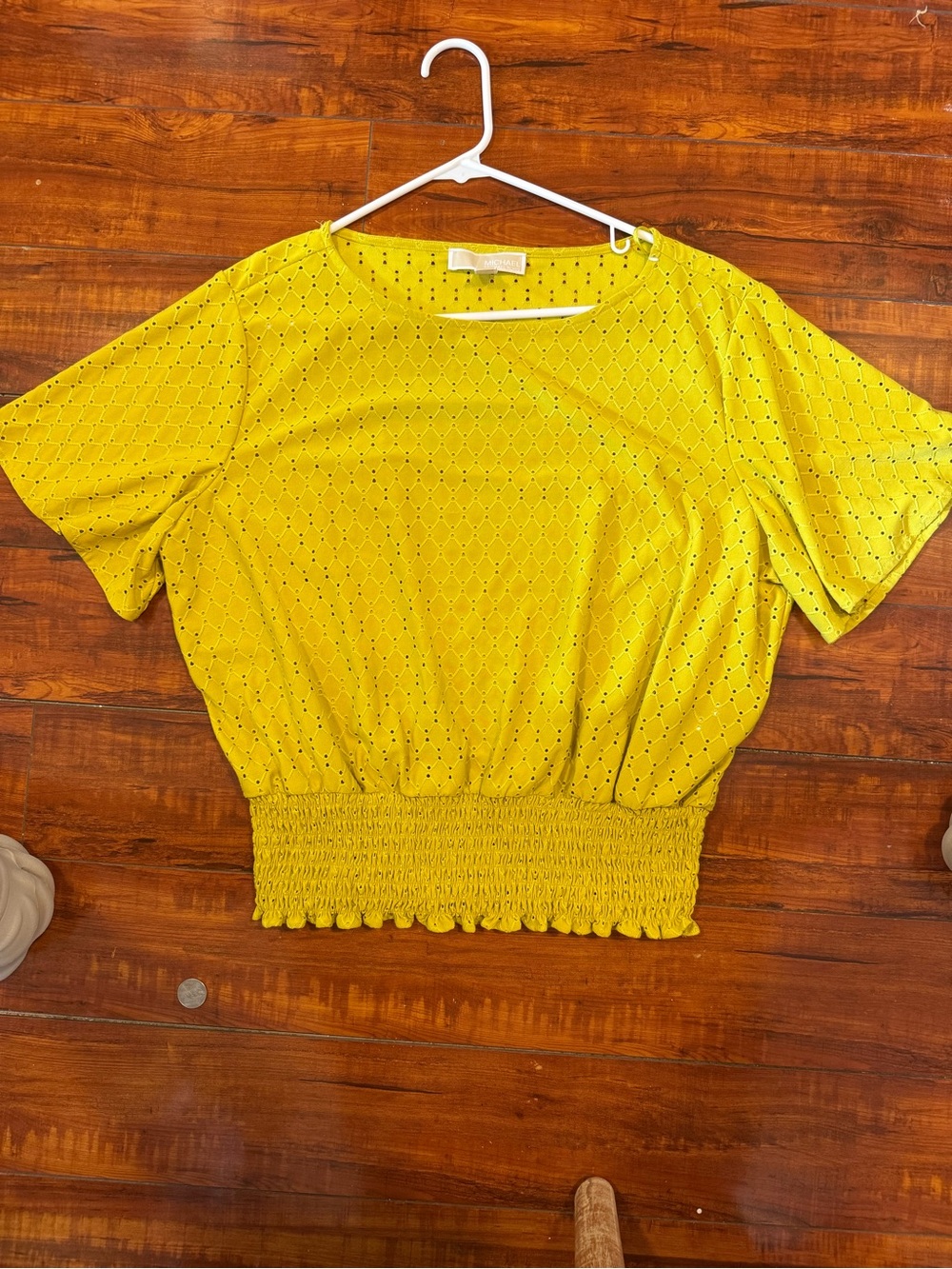 Michael Kors Bright Yellow Eyelet Smocked-Hem Crop Top